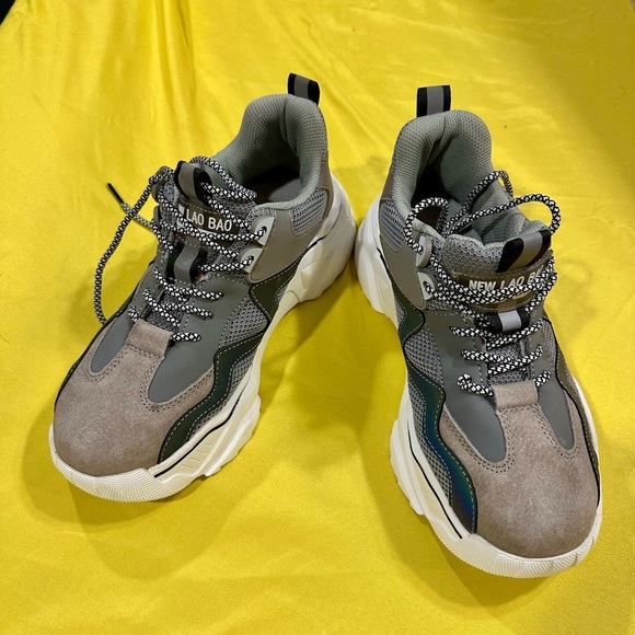 New Lao Bao Shoes - Women’s Chunky Dad Sneakers Grey Mesh Suede Fashion Trainers UK 39 US 8
